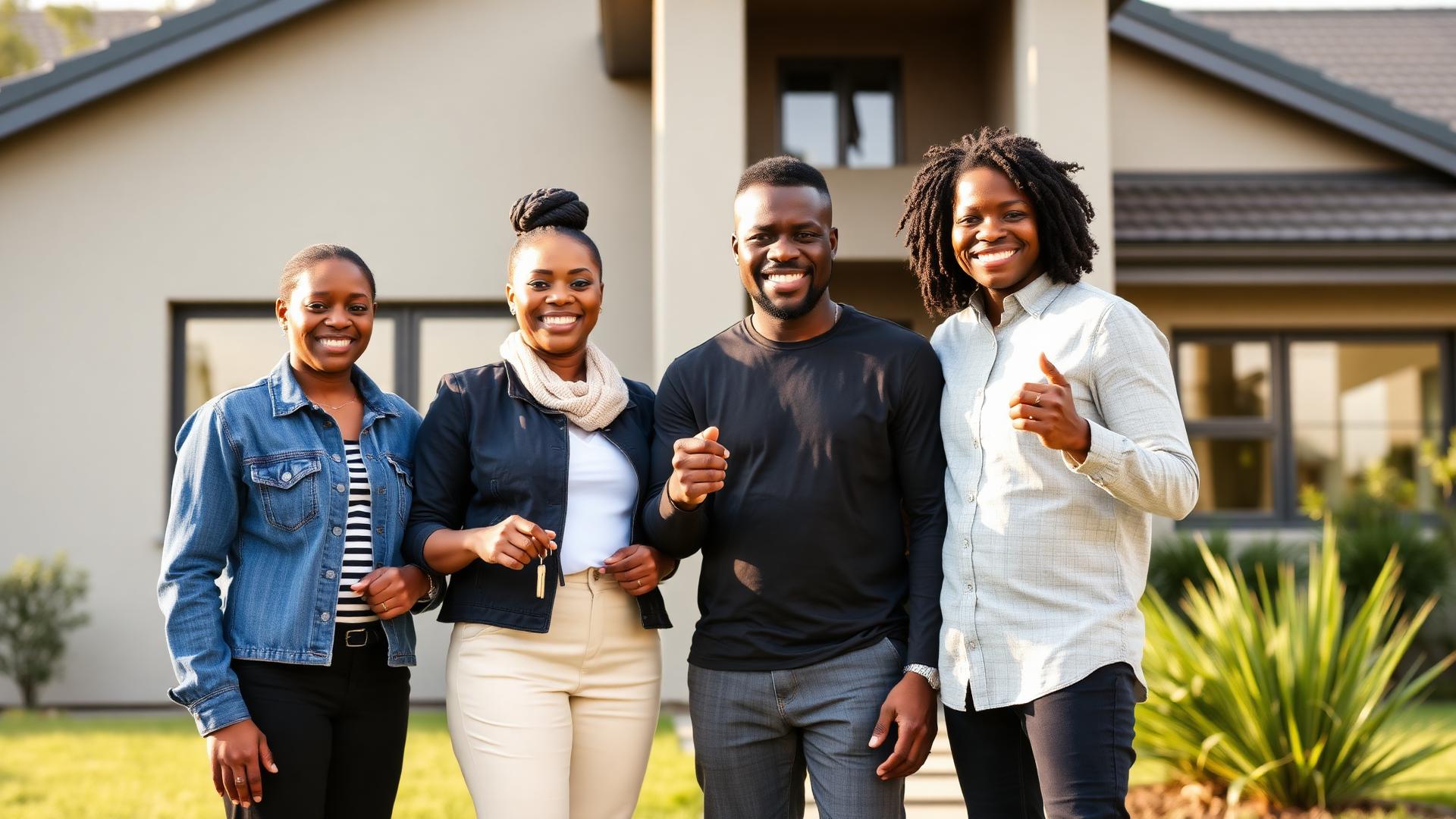 Family standing in front of their new home holding keys
