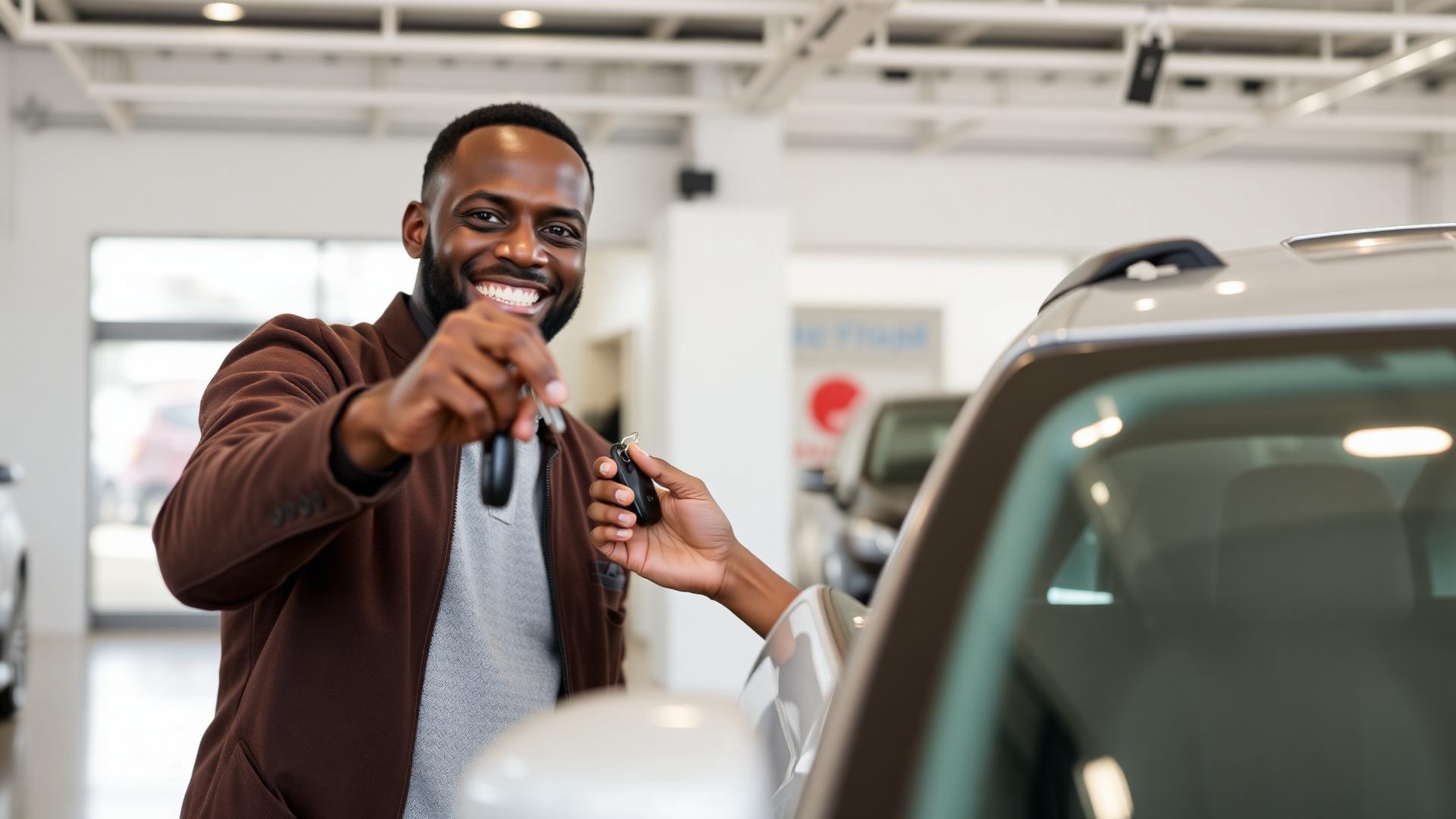Customer receiving car keys at a dealership